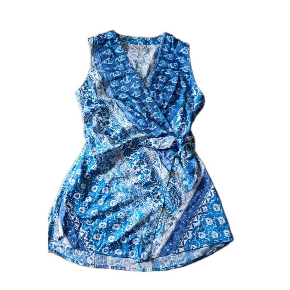 Cottagecore Porcelain Print Wrap Top Blue White Paisley Tank M Garden Party Prep - Picture 13 of 13